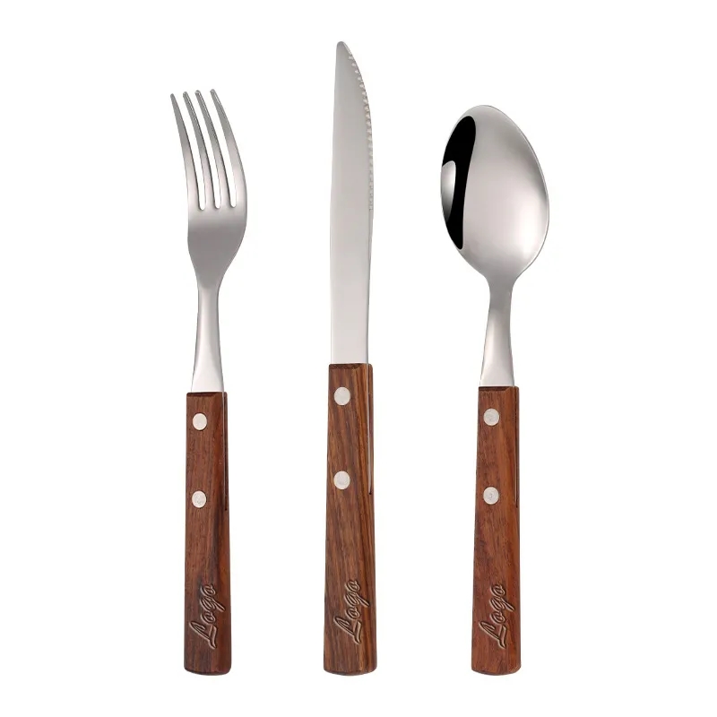 Dinner Spoon Knife Fork Set w/ Rivet Wood Handle	