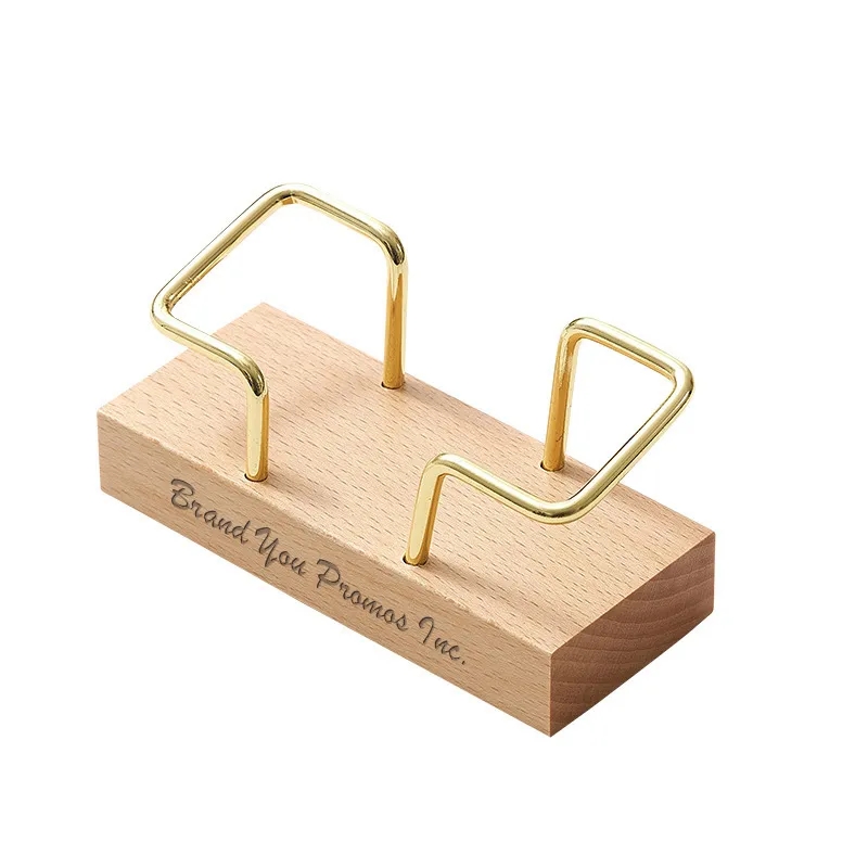 Wooden Desktop Business Card Holder w/ Metal Wire Design	