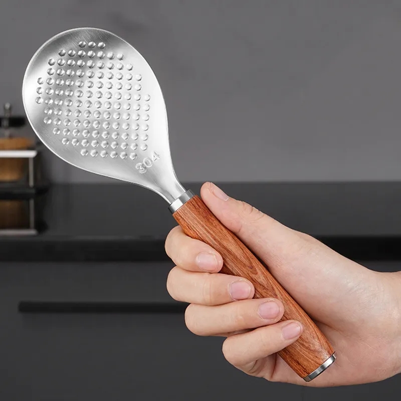 Stainless Steel Upright Wooden-Handle Non-Stick Rice Paddle	