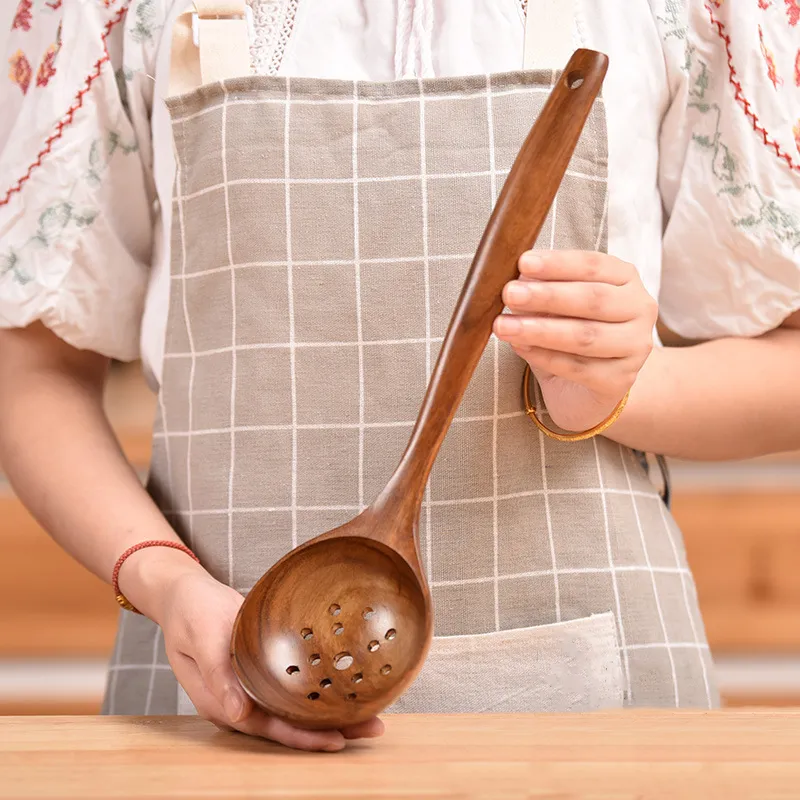 Large Teak Wood Slotted Colander Skimmer Strainer Spoon	