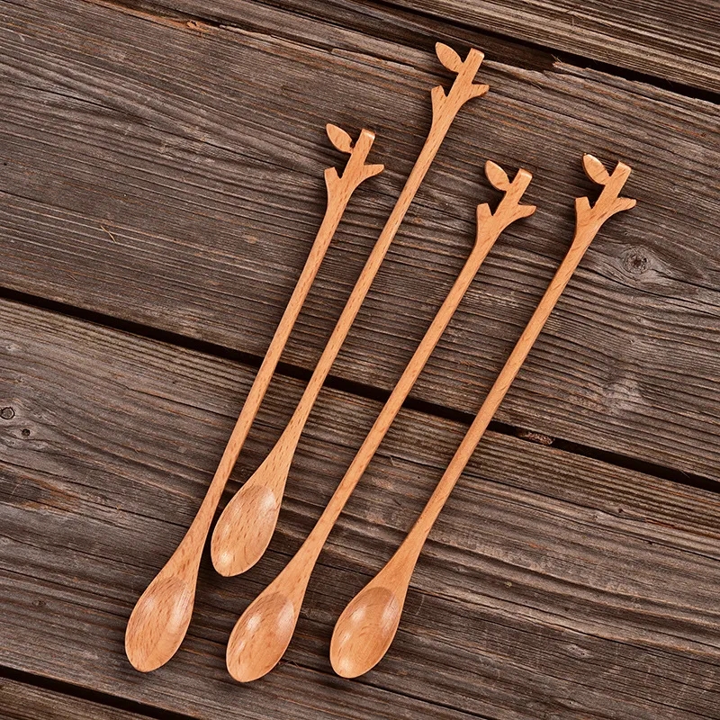 Leaf-Design Wooden Kitchen Spoons for Cooking and Serving	