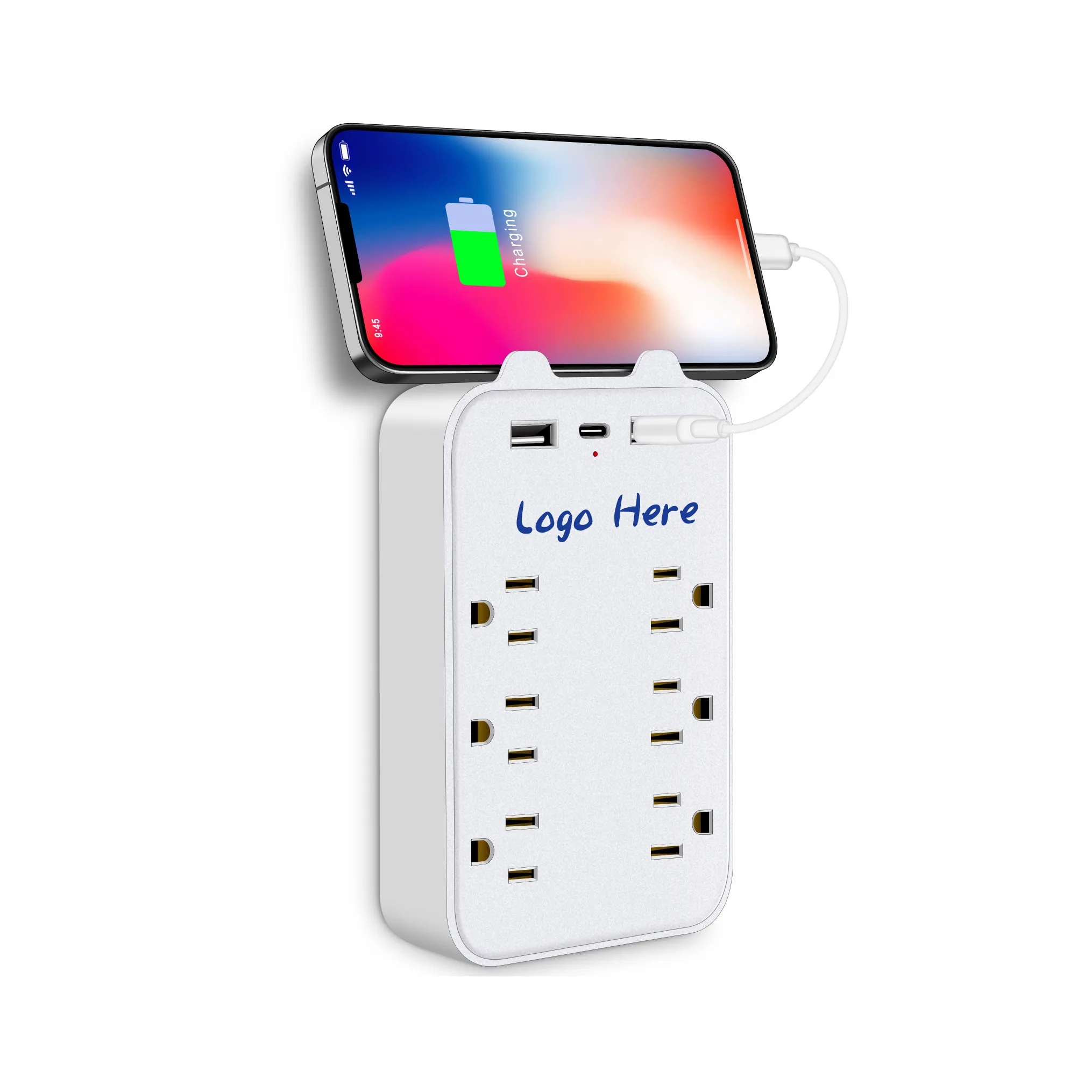 6-Socket Portable Converter with USB & Phone Charging Shelf	