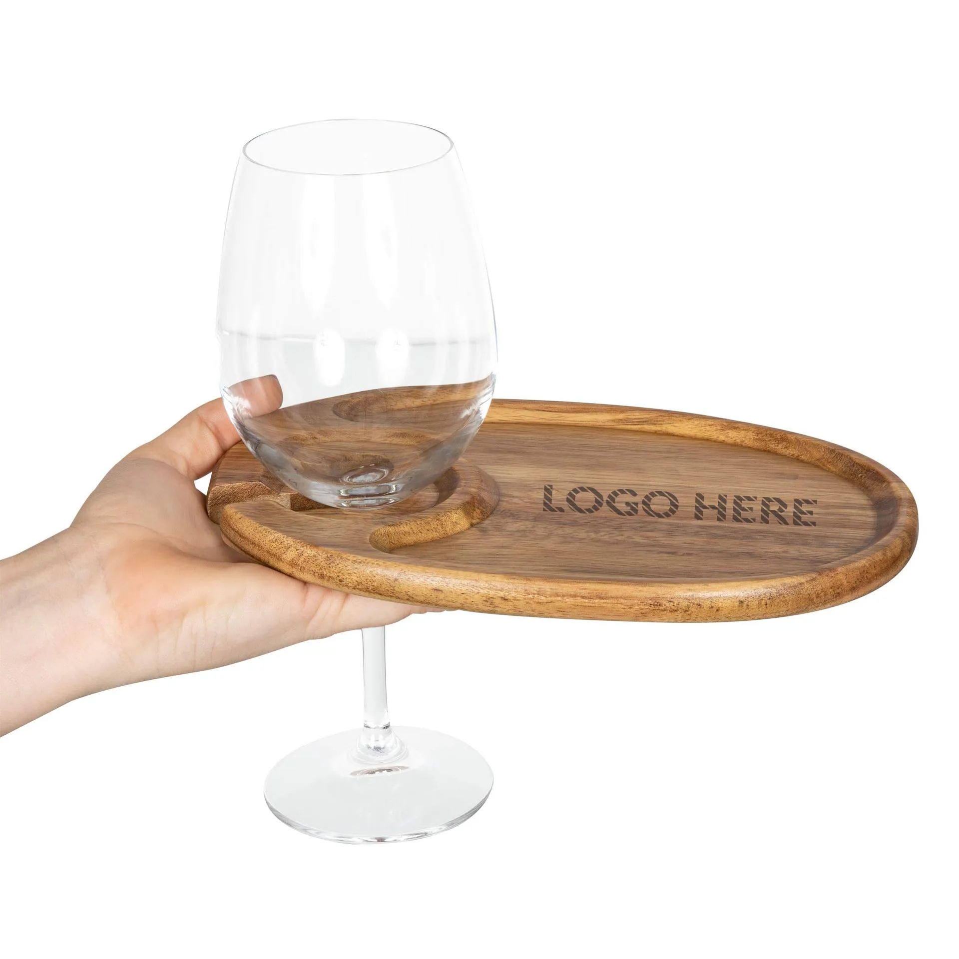 Wooden Wine & Appetizer Plate with Integrated Glass Holder	