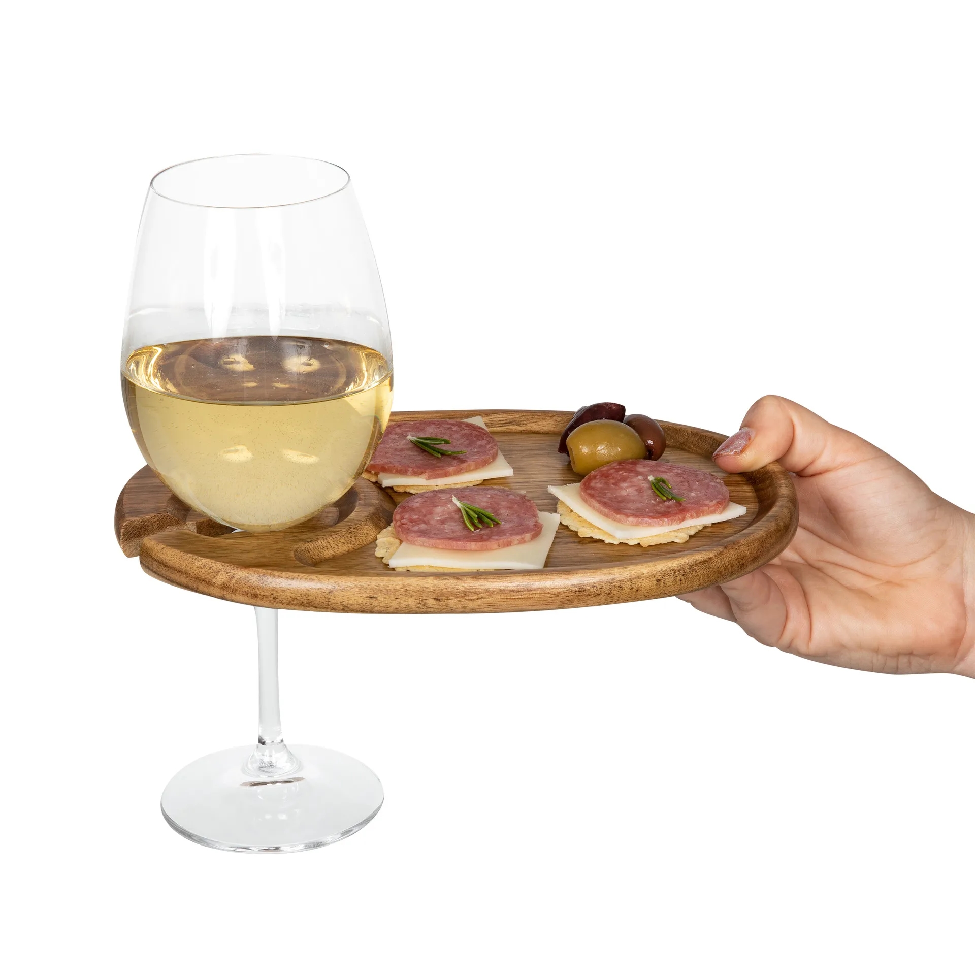 Wooden Wine & Appetizer Plate with Integrated Glass Holder	