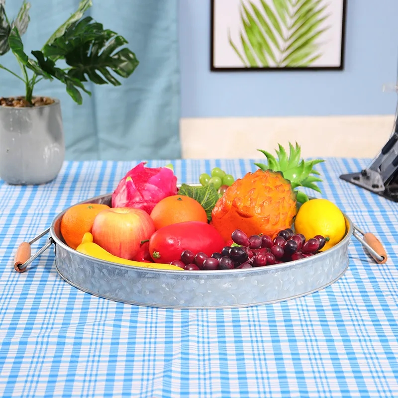 Vintage Style Round Metal Serving Tray with Wooden Handles	