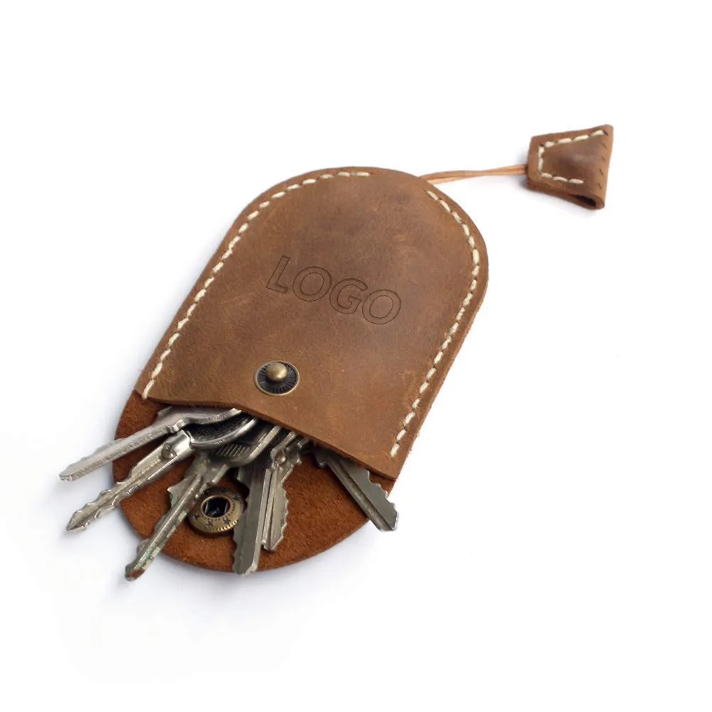 Brown Leather Key Case With Drawstring & Snap Closure	