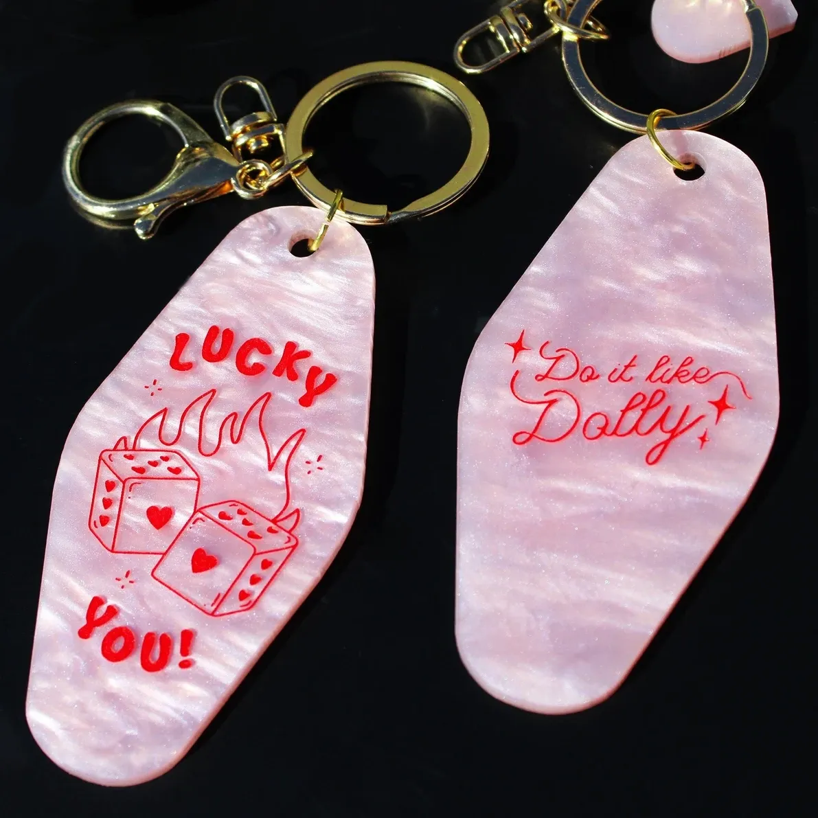 Pink Marble Acrylic Motel Keychain with Gold Claw Clip	