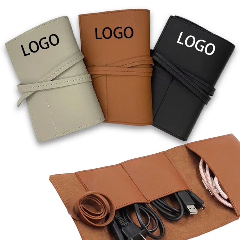 Genuine Leather Electronic Cable Organizer Bag