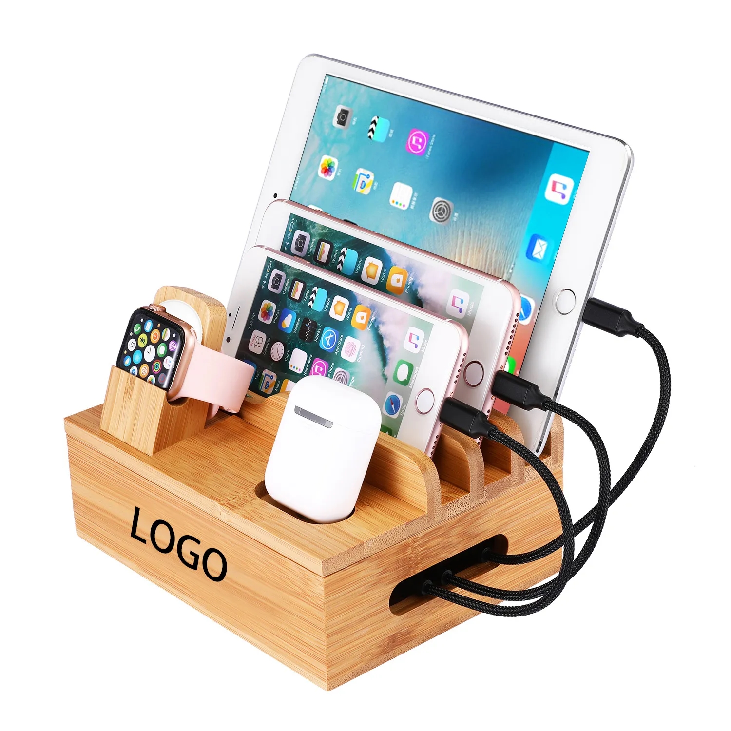 6-in-1 Bamboo Charging Station with Stand
