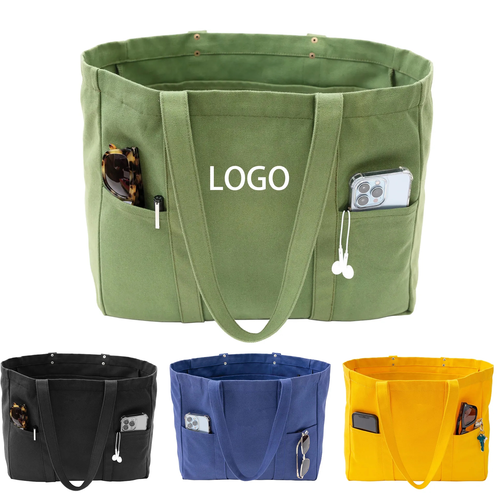Large Canvas Tote Bag with 2 Front Pockets