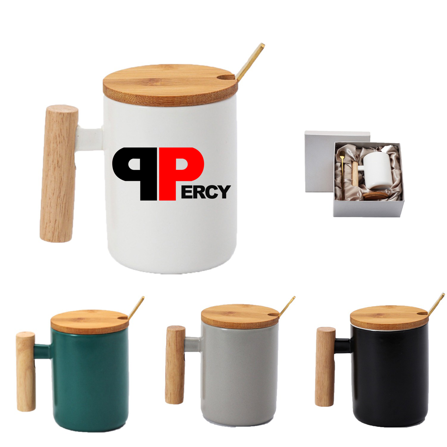 12oz Wooden Handle Coffee Mug Set w/ Spoon 6